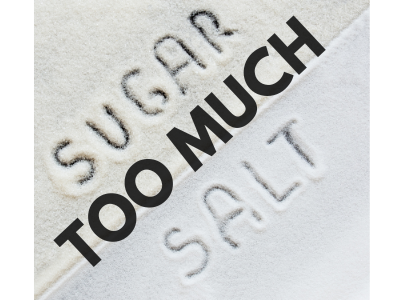 Text graphic displaying words typed as Too much sugar and salt